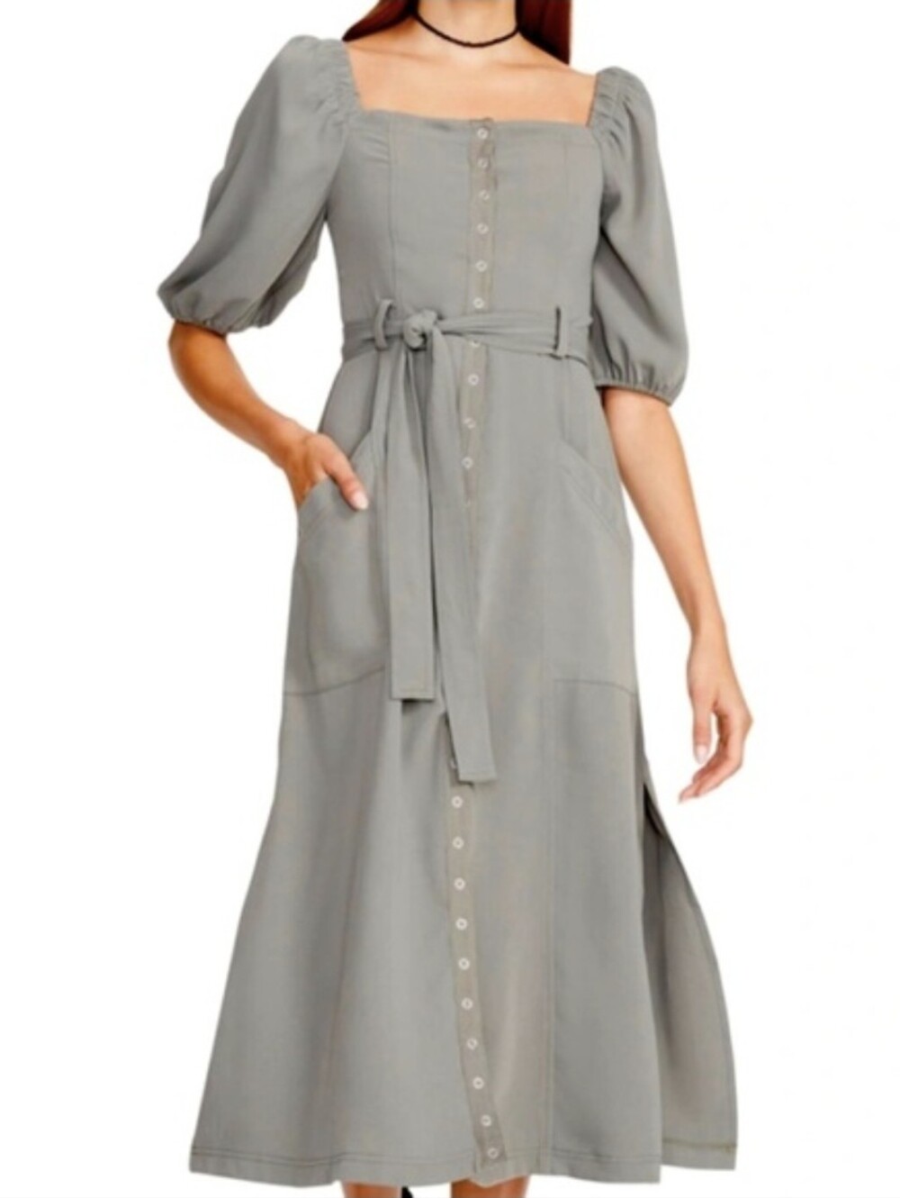 Betsey Johnson Olive Green Snap Button Down Midi Dress Womens Size S